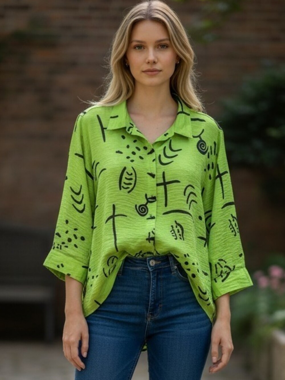 Multiples Neon Green Blouse with Black Abstract Spots